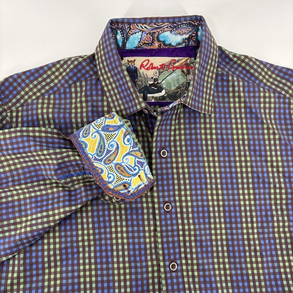 Robert Graham Mens Large Gingham Blue Green Brown Flip Cuff Long Sleeve Shirt